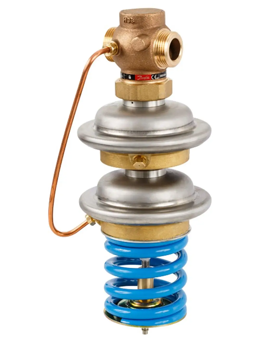 Sicherheitsabsperrventil mit copper pipe und blauer Feder, hergestellt von Danfoss. Der obere Teil ist aus Metall und mit einem Anschluss versehen.
